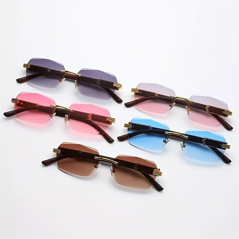 Unisex Rimless Rectangular Glasses with Faceted Lenses and Imitation Wood Temples