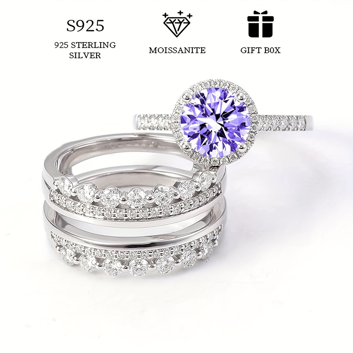 2 ta gippoallergen 925 sterling kumush to'plamli halqalar, 2ct rangli Moissanit bilan, ayollar partiyalari uchun mukammal. Moissanit sertifikati va nafis sovg'a qutisi bilan birga keladi.