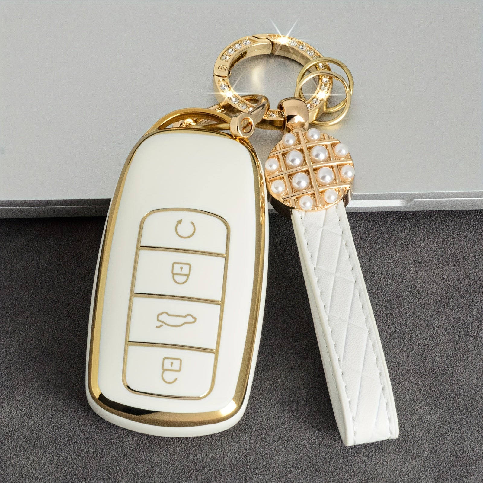 Leather Key Fob Protector with Bling Keychain for Car Key