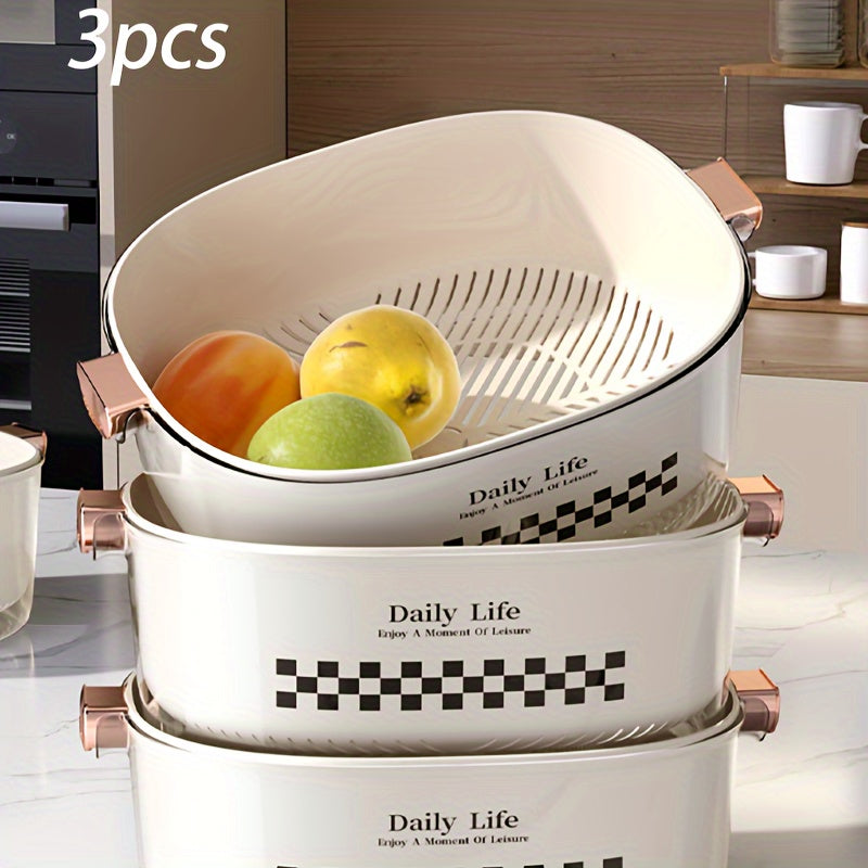 Set of 3 Double-Layer Plastic Colanders and Fruit Bowls for Kitchen, Detachable, Multi-Use