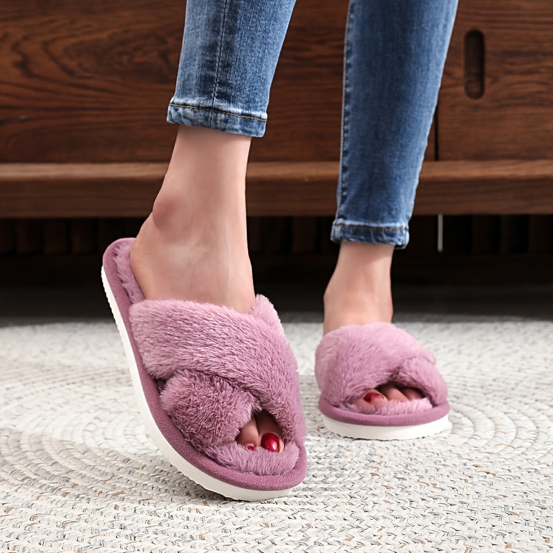 Women's Slip-On Cross Strap House Slippers Plush Furry Lining Flat Shoes