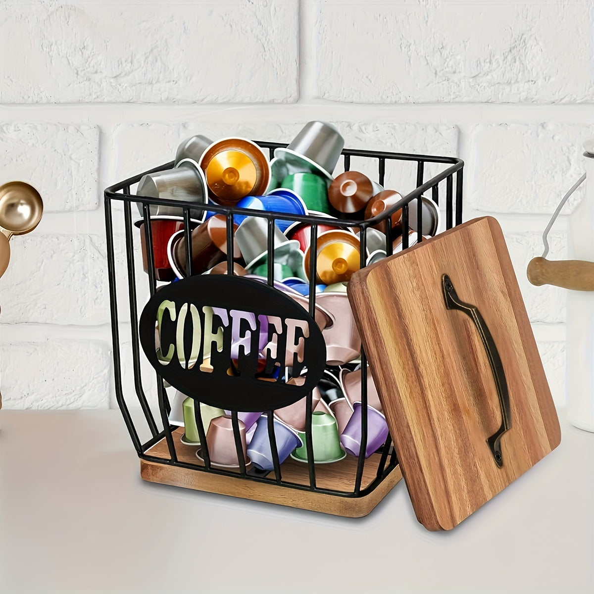 Black Wire and Wood Coffee Pod Holder with Lid for K-Cups and Tea Bags