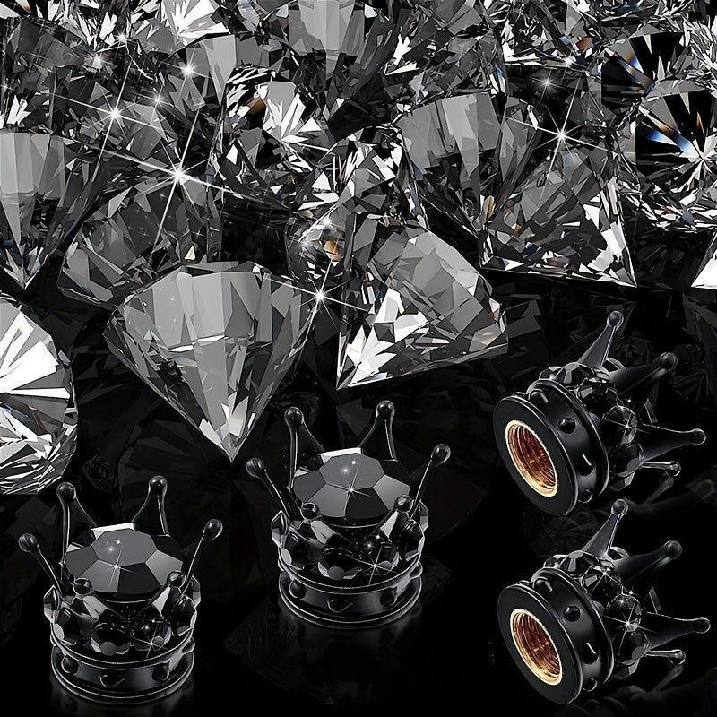 4pcs Crown Shaped Tire Valve Stem Caps Bling Rhinestone Chrome Car Accessories