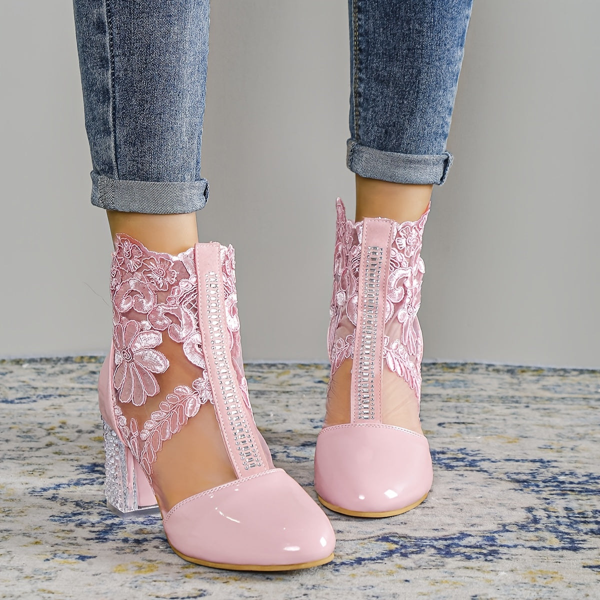 Women's Lace Ankle Boots Pink Clear Heeled Short Boots with Zipper