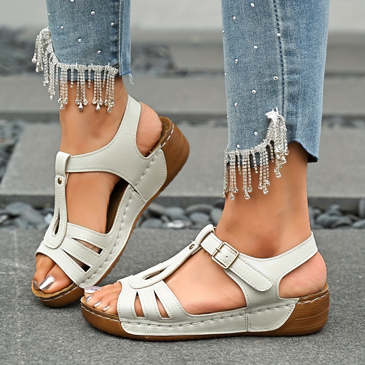 Women's Nude Leather Block Heel Sandals Comfortable Shoes