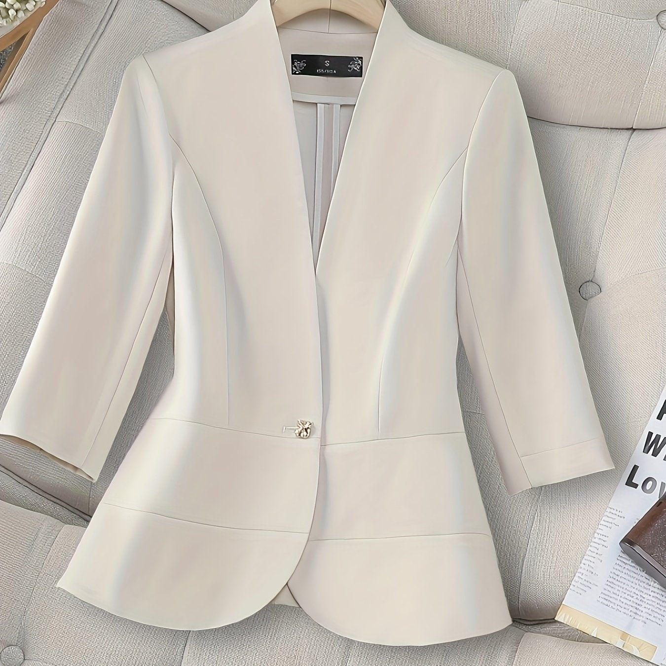 Plus Size Women Blazer Three-Quarter Sleeve Solid Color Office Casual
