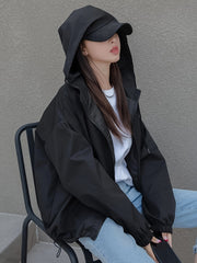 Hooded Drop Shoulder Drawstring Jacket for Women Polyester Casual Spring Fall