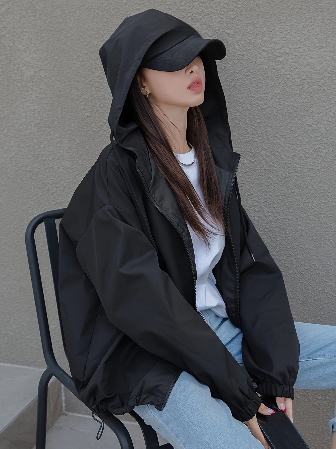 Hooded Drop Shoulder Drawstring Jacket for Women Polyester Casual Spring Fall