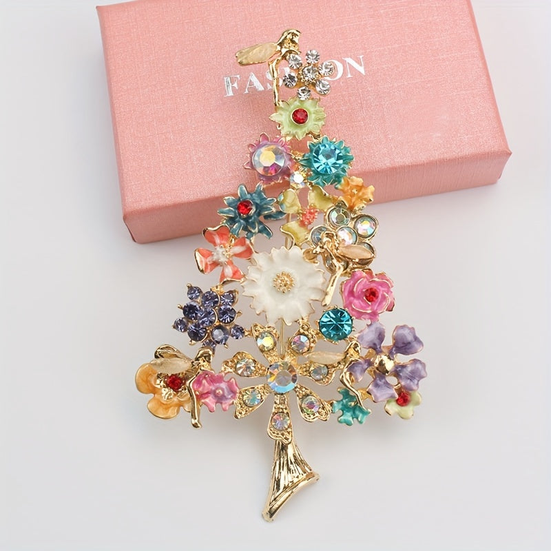 Enamel Christmas Tree Brooch with Vibrant Colors Vintage Rhinestone Inlay Stylish Corsage for Women