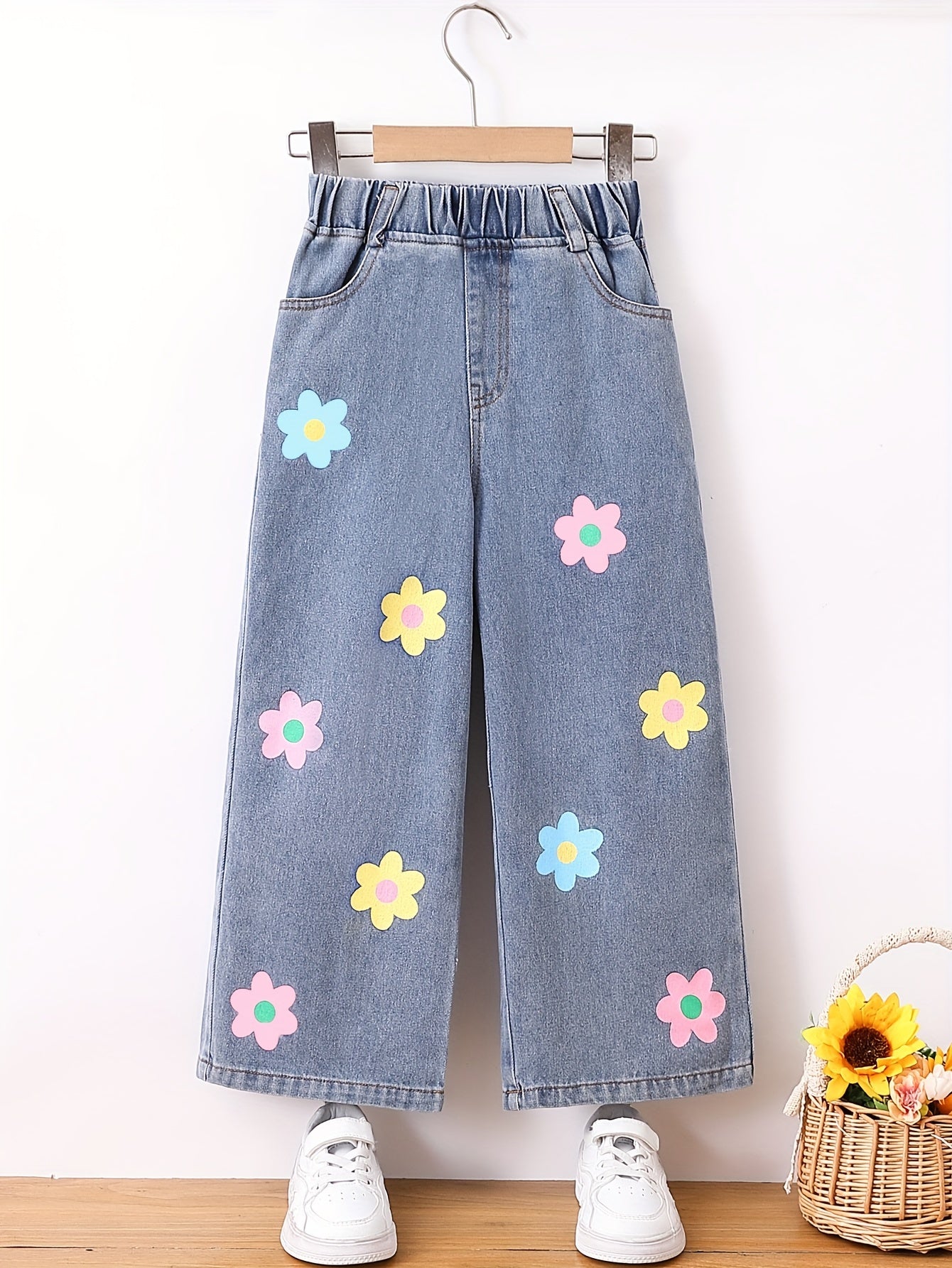 Girls' Floral Wide Leg Denim Jeans with Elastic Waist for Girls Over 3 Years Old