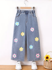 Girls' Floral Wide Leg Denim Jeans with Elastic Waist for Girls Over 3 Years Old