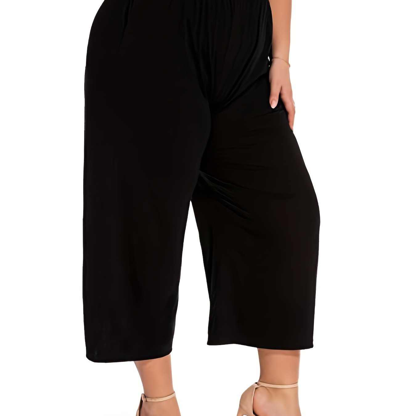 Plus Size Women's Solid High Rise Wide Leg Capri Pants