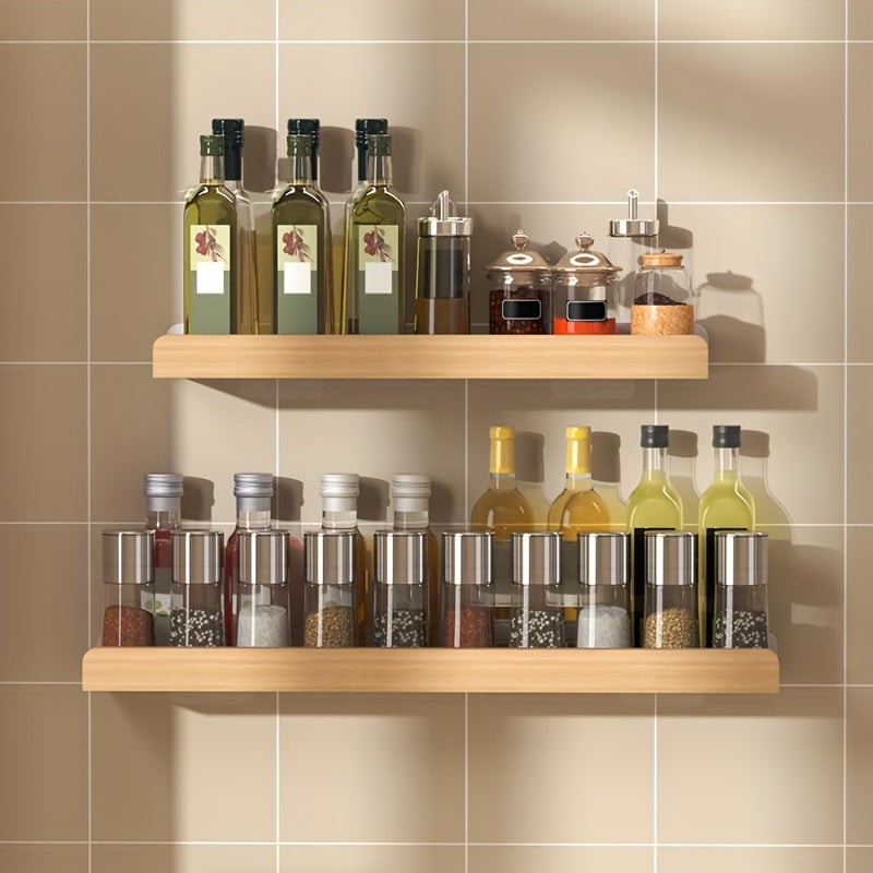 Wood and Metal Wall-Mounted Spice Rack with Hooks for Kitchen Storage