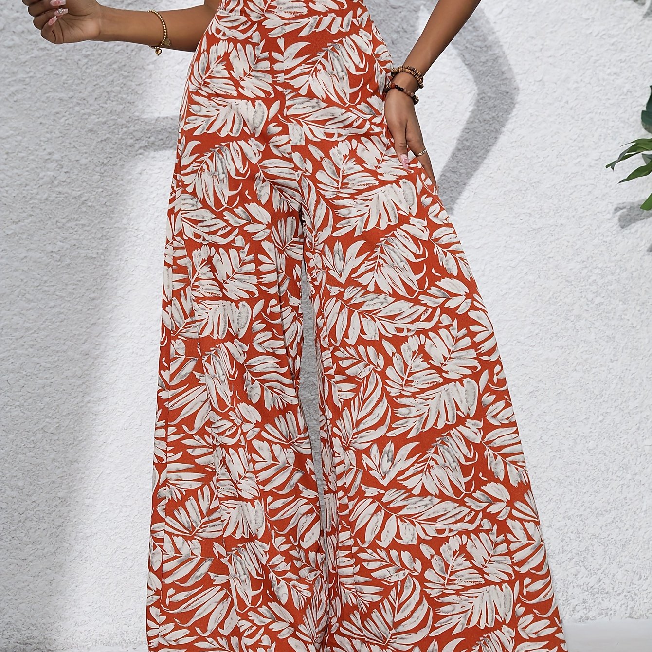 Women's Boho Plants Print Wide Leg Palazzo Pants Summer Beach High Waist Polyester