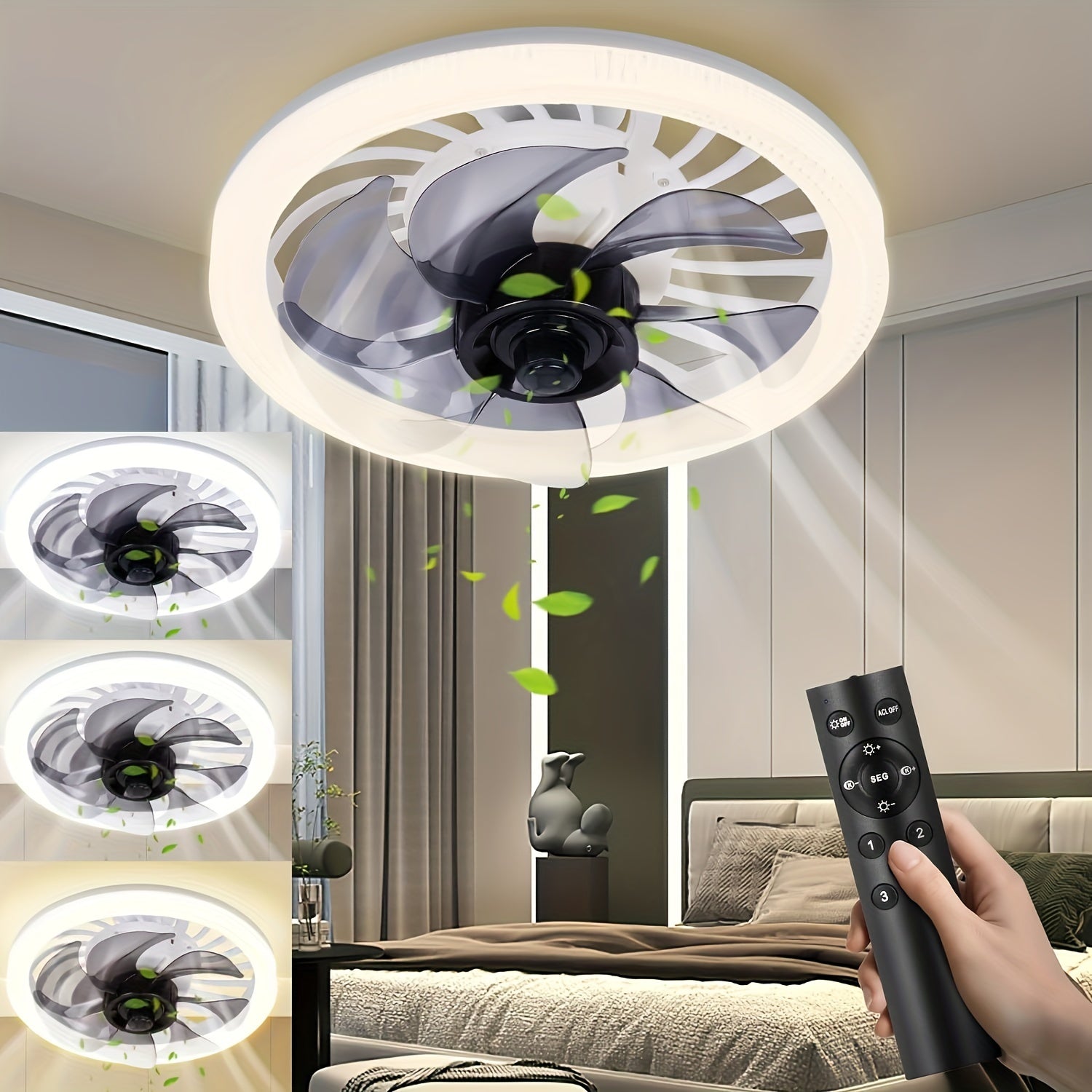Modern Low Profile Ceiling Fan with Dimmable Light Remote Control and 3 Color Temperatures