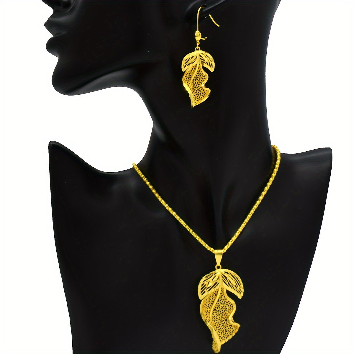 Wedding Jewelry Set with Hollow Leaf Earrings and Necklace 2 Pieces