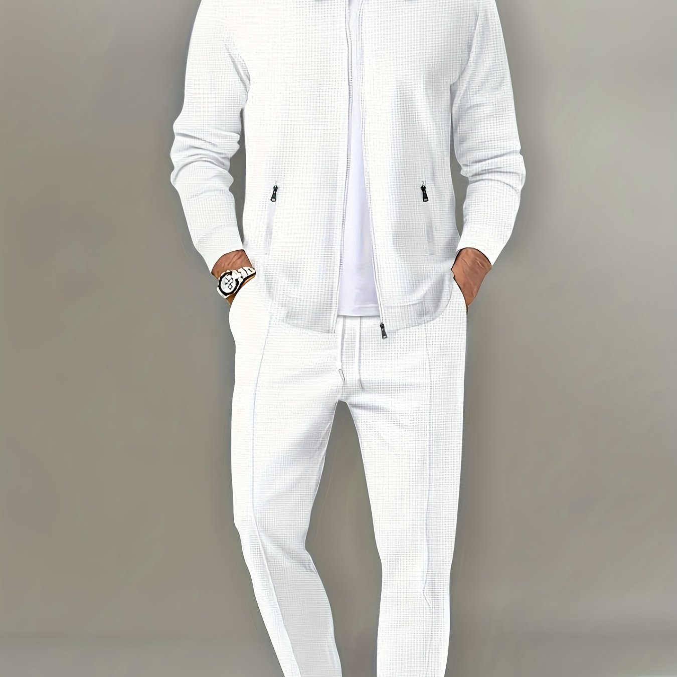 Men's Beige Waffle Knit Tracksuit Set Full-Zip Jacket and Jogging Pants Polyester Spandex