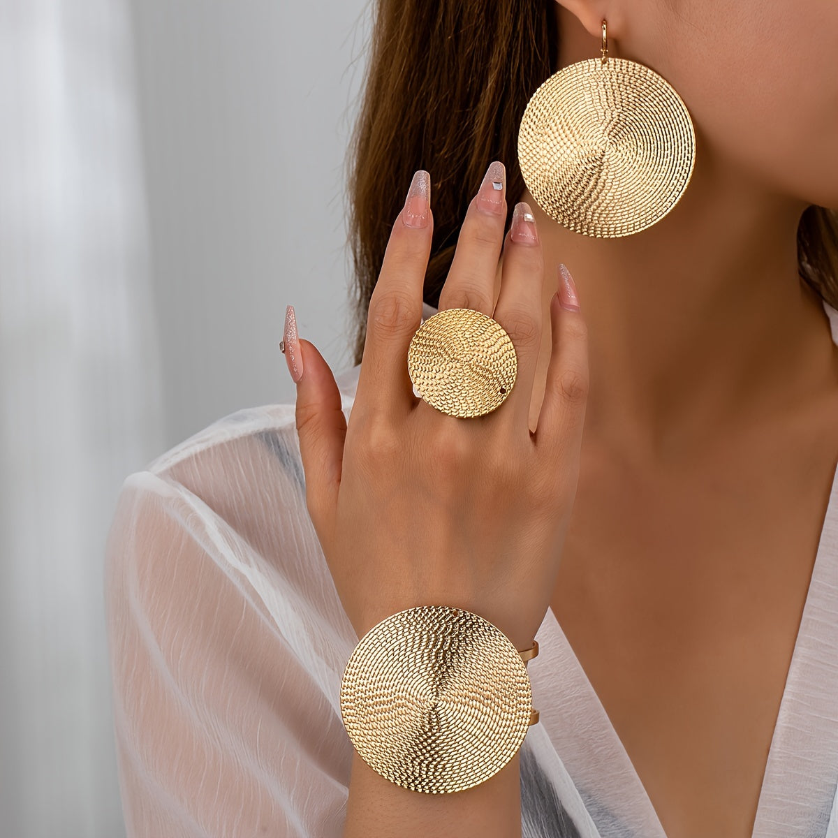 Retro Chic 4-Piece Jewelry Set Oversized Disc Earrings Ring Bracelet Iron Unplated Statement Accessories