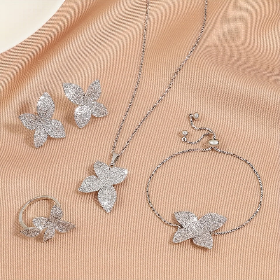 Women's Butterfly Jewelry Set Zirconia Copper Necklace Bracelet Ring Earrings Gift Boxed