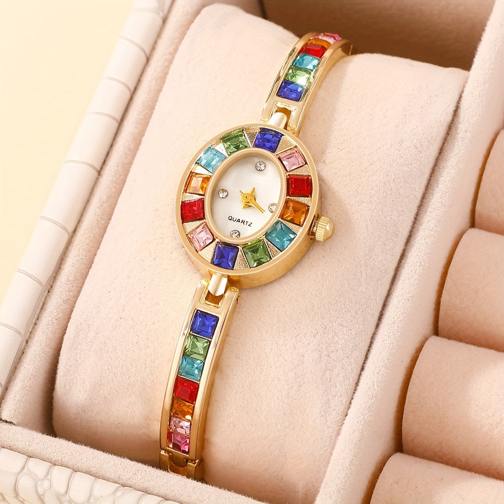 Women's Gold-Tone Watch with Colorful Rhinestones for Gift Occasions