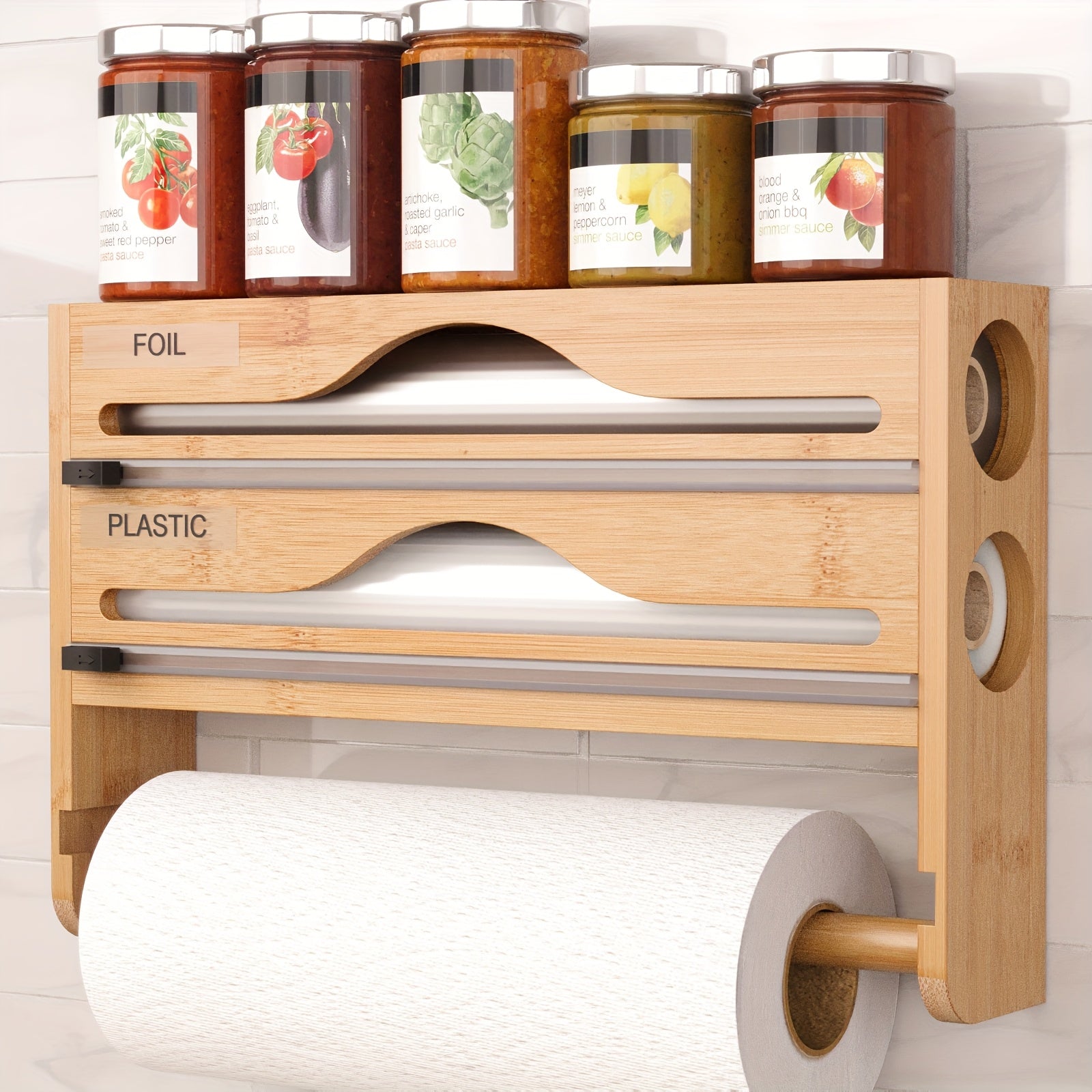 Bamboo 4-in-1 Kitchen Organizer for Foil Plastic Wrap Paper Towels with Cutter