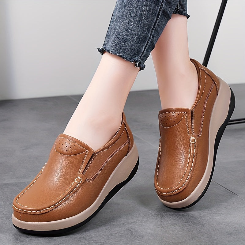 Women's Faux Leather Platform Loafers Slip-On Casual Shoes All-Season Round Toe