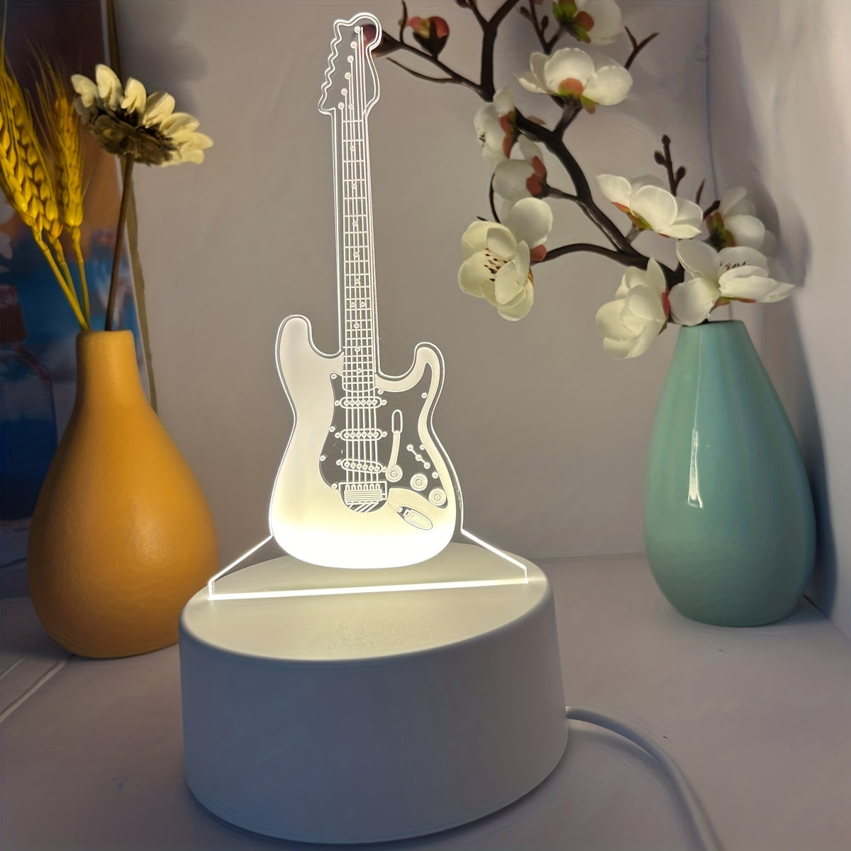 3D Guitar Night Light with Warm White Base for Room Decor and Gift