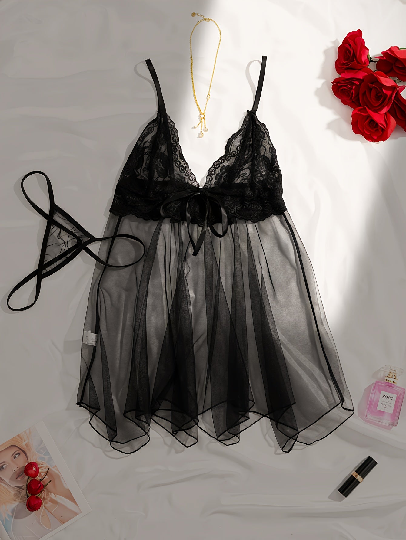 Women’s Lace Sheer Lingerie Set with Bow Cami Dress and Thong