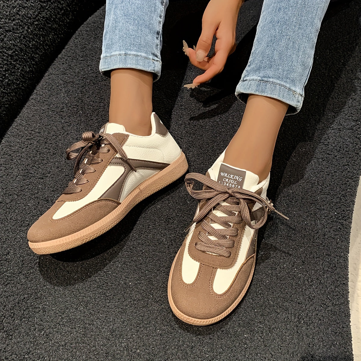 Women's Two-Tone Casual Mesh Sneakers with Strap Accents Low-Top Lace-Up Shoes