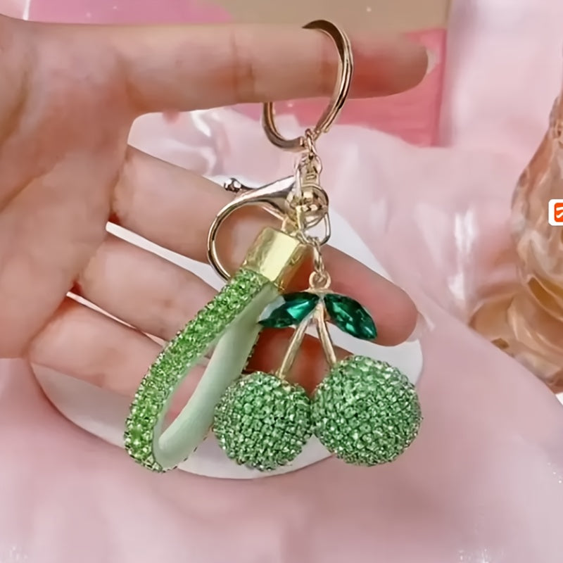 Pink Rhinestone Cherry Keychain for Women and Girls, Cute Bag Charm