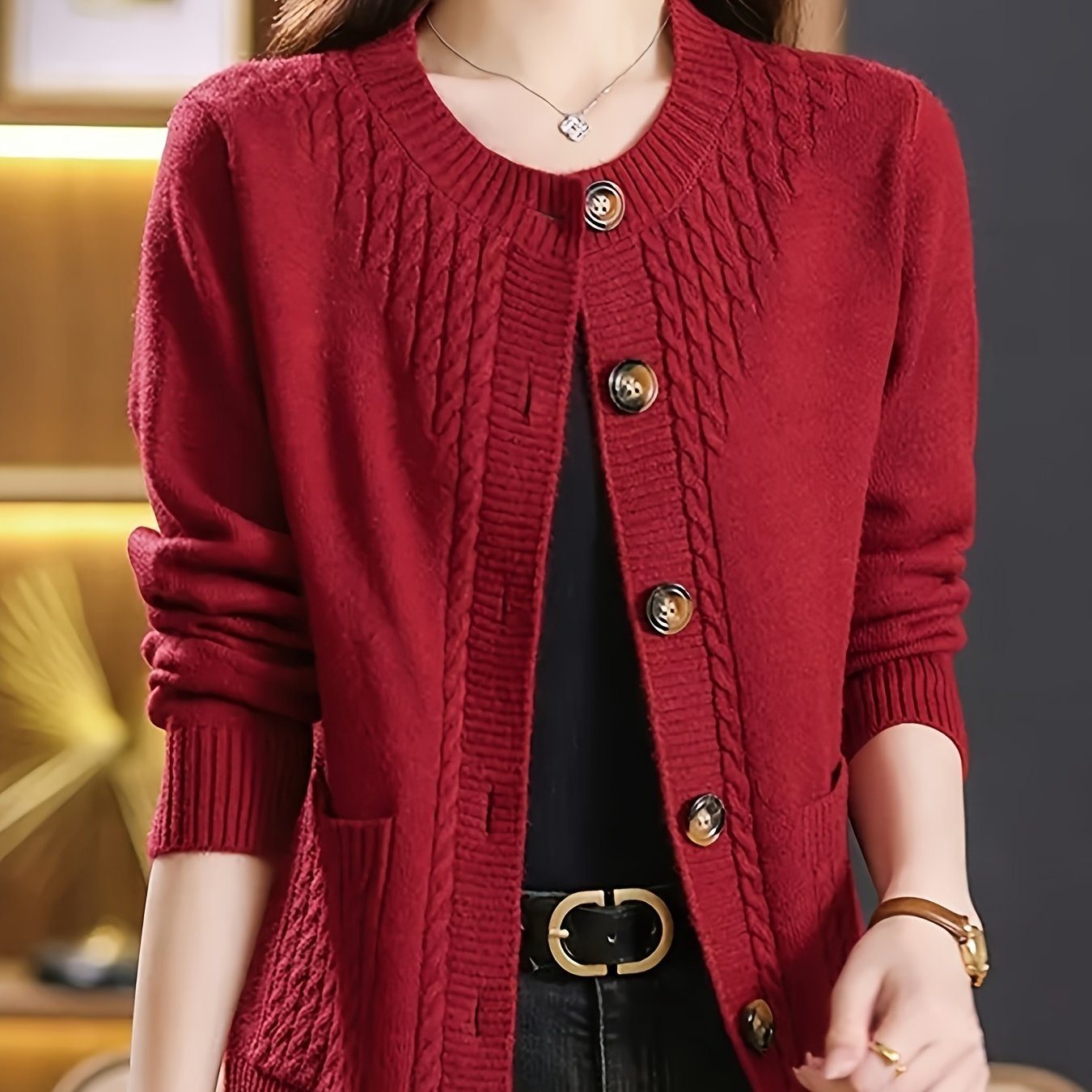 Women's Spring Cardigan with Long Sleeves Crew Neck Solid Color Knit Fabric