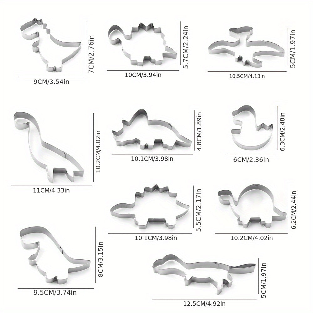 Set of 10 Stainless Steel Dinosaur Cookie Cutters for Baking and Cake Decoration
