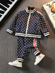 Kids Boys Geometric Print Zip-Up Varsity Jacket and Casual Pants Set for Outdoor Play
