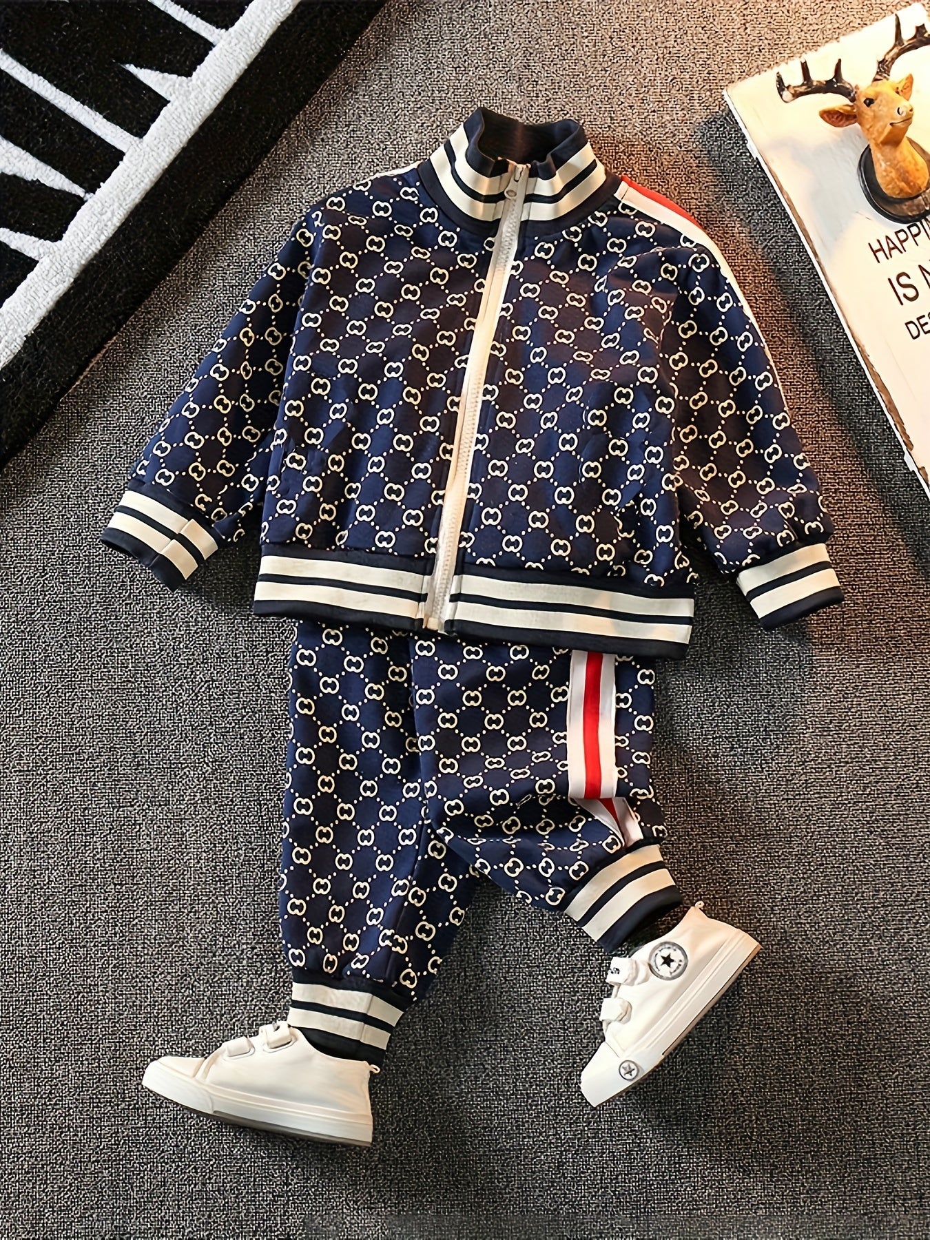 Kids Boys Geometric Print Zip-Up Varsity Jacket and Casual Pants Set for Outdoor Play