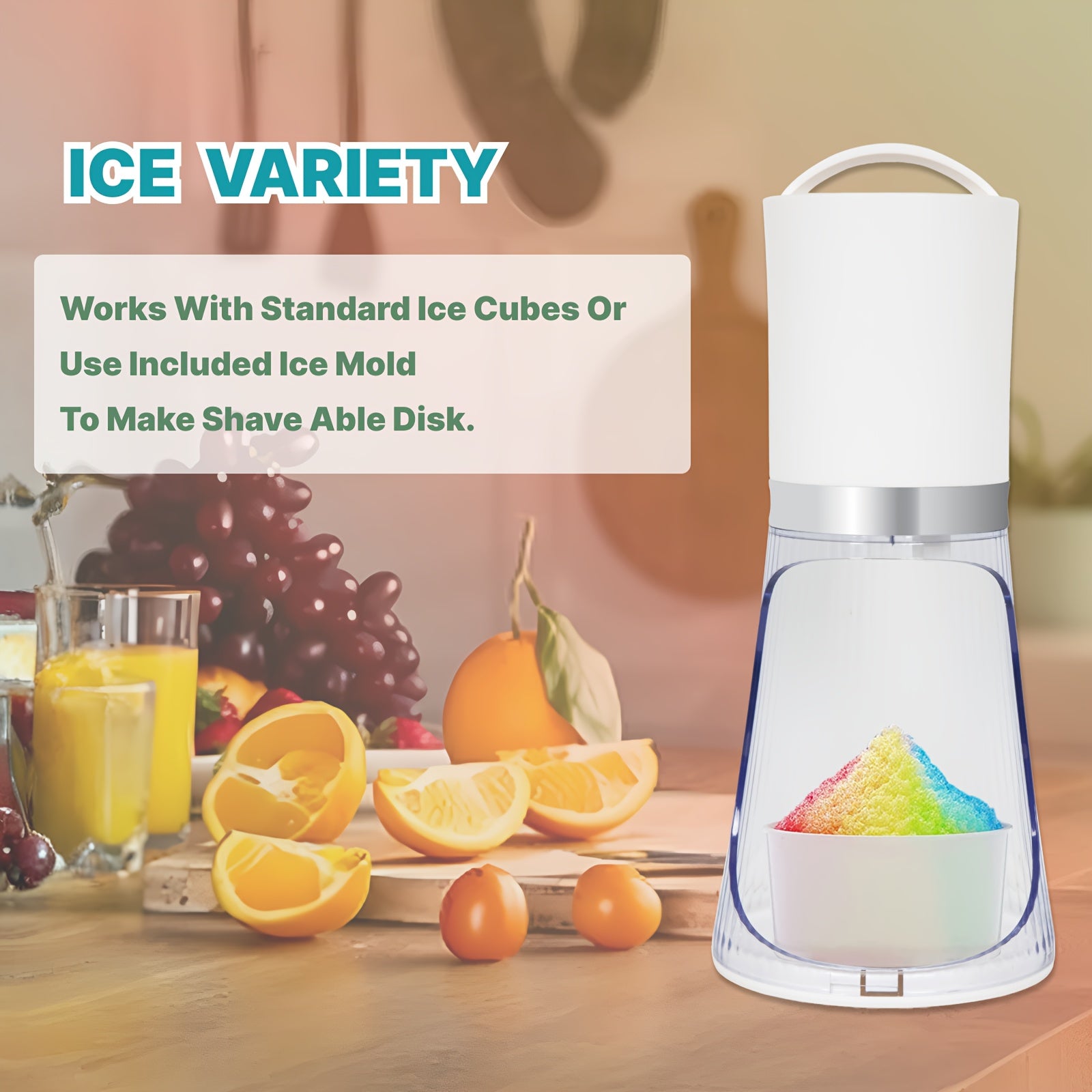 Electric shaved ice machine with adjustable blade knob includes 2 reusable ice mold cups colorful ice shavings container sleek design Type C plug 220-240V for home