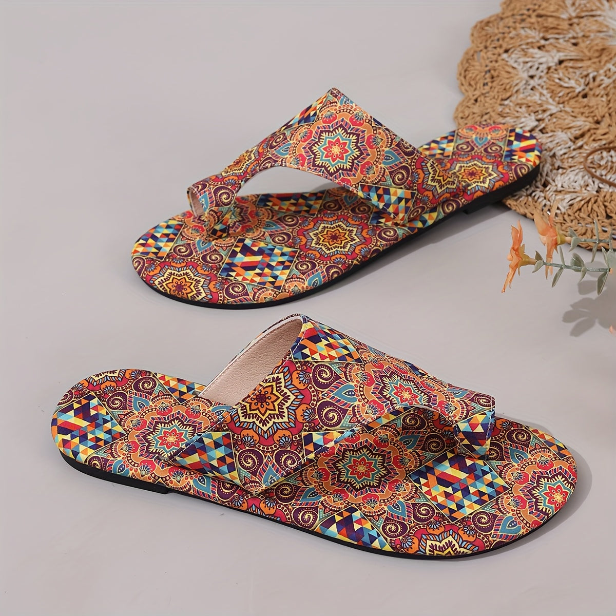 Women's Bohemian Geometric Print Slip-On Flat Summer Sandals with Breathable Fabric
