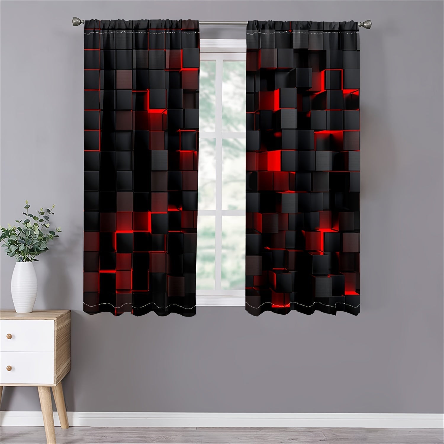 Set of 2 Abstract Red and Black Gradient Geometric Curtains Semi-Transparent Drapes for Living Room Bedroom Privacy