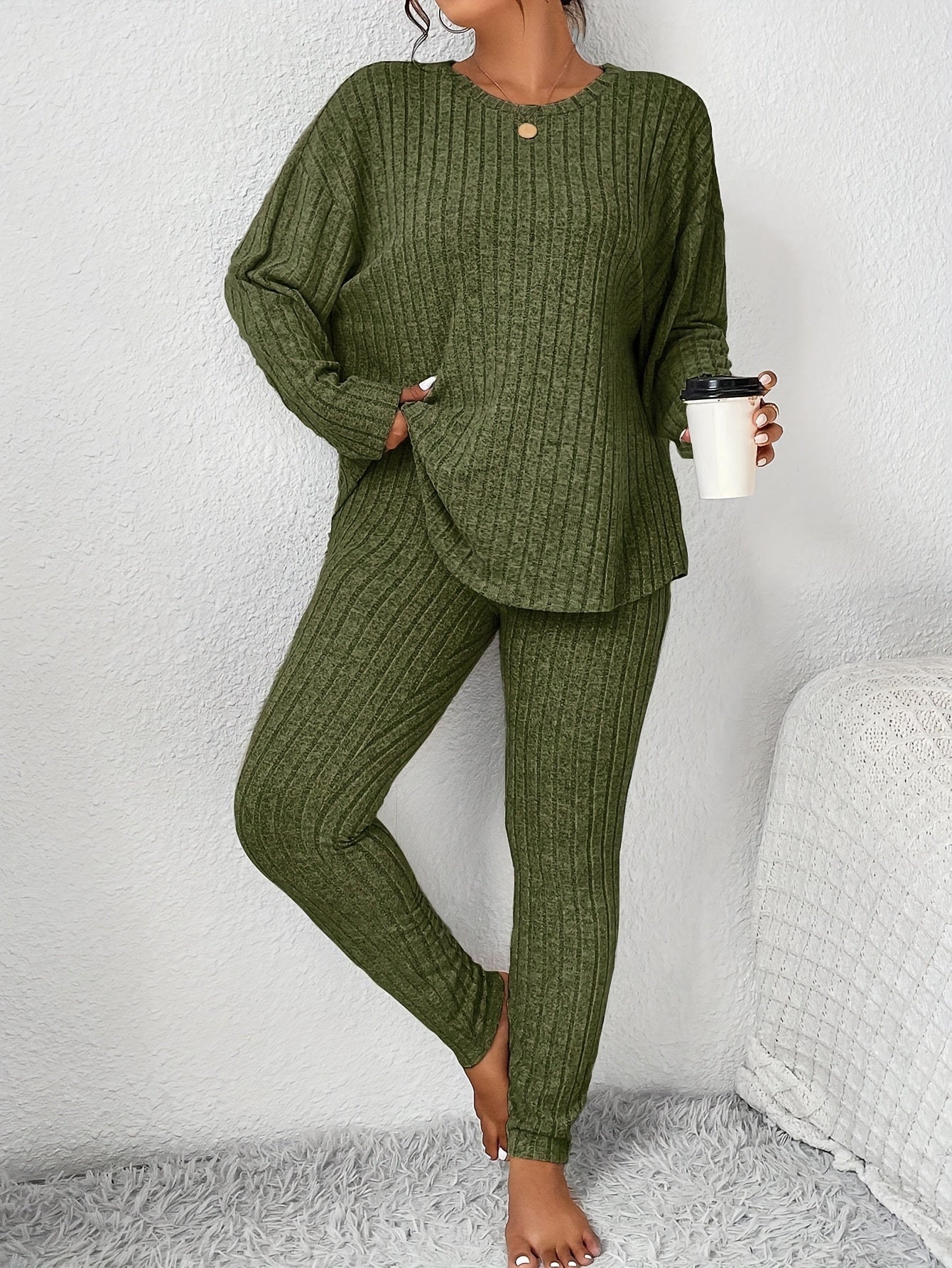 Women Long Sleeve Pajama Set Large Size Warm Slim Fit