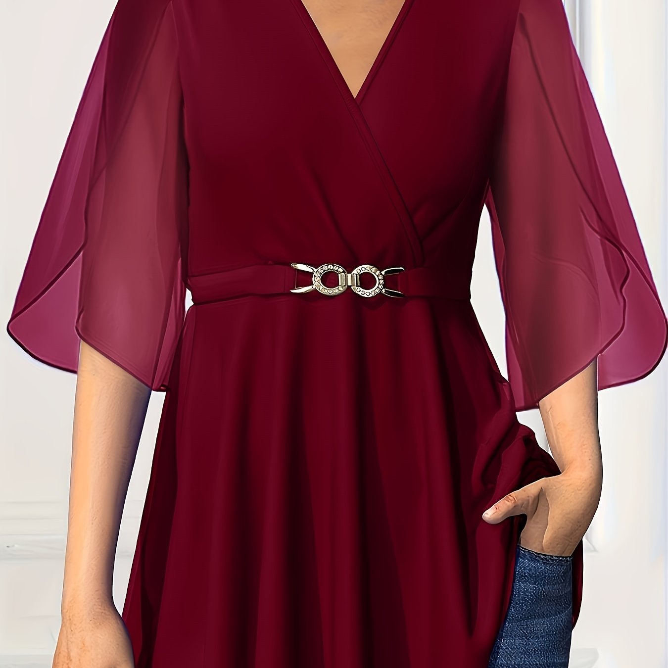 Women's Chiffon V-Neck Top With Cinched Waist Lightweight Comfortable