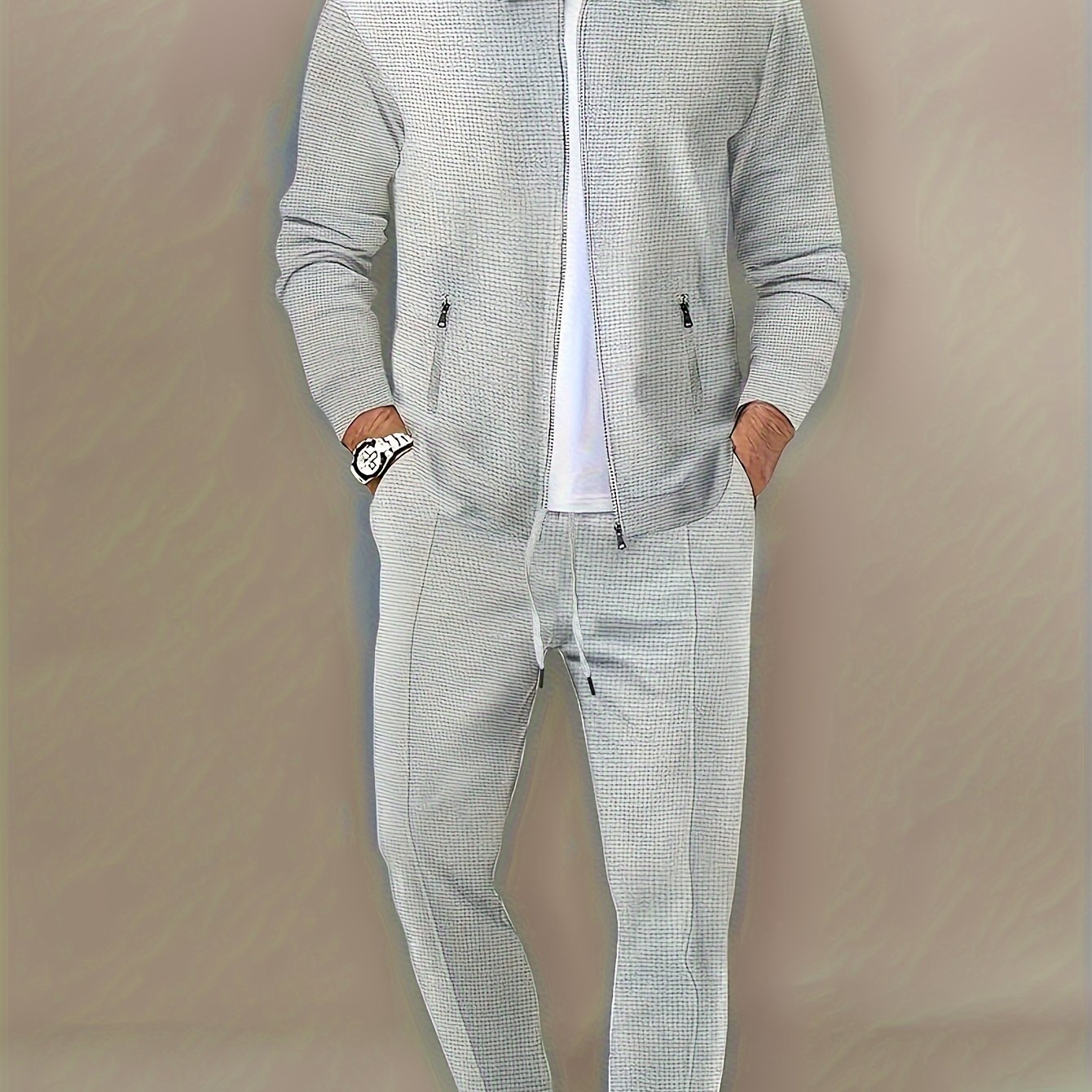 Men's Casual Zipper Jacket and Pants Set Polyester Solid Color Lapel for Outdoor Activities