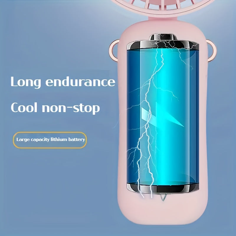 White and Rose Gold Mini Fan with Neck Strap, USB Rechargeable, Portable