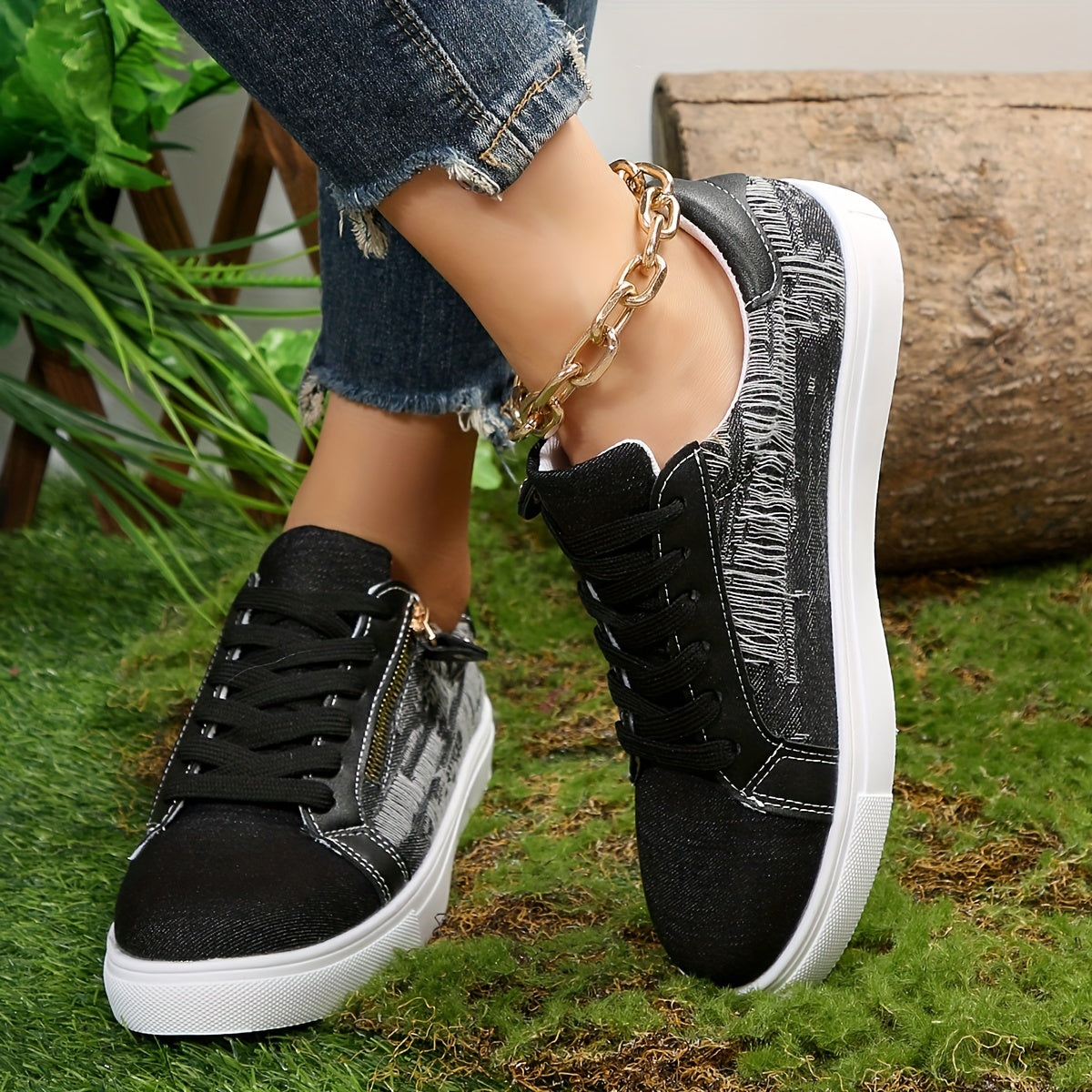 Women's Denim Flat Sneakers Casual Lace-Up Low Top Skate Shoes