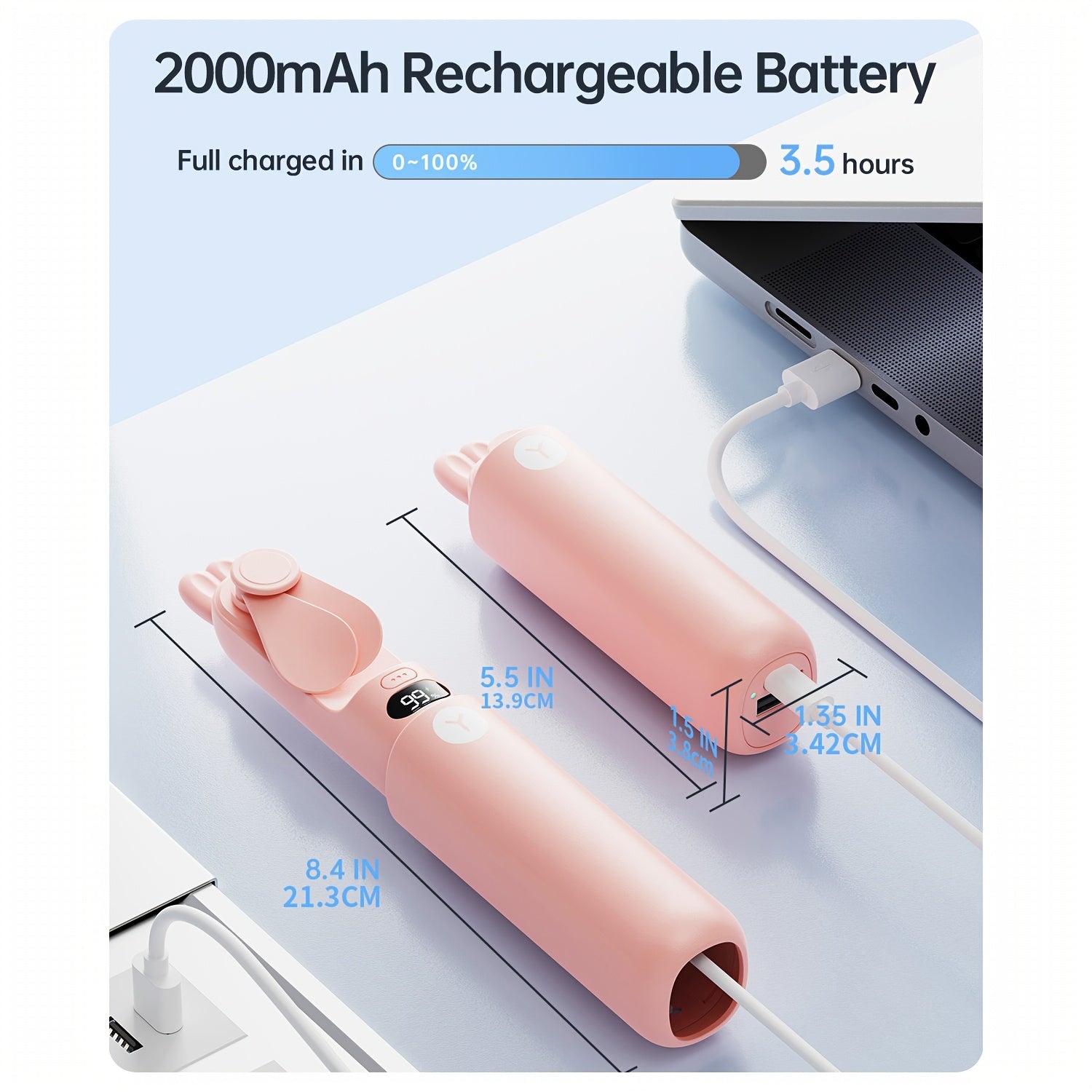 Mini Handheld Fan with LED Display, 2 Speeds, USB Rechargeable, Portable