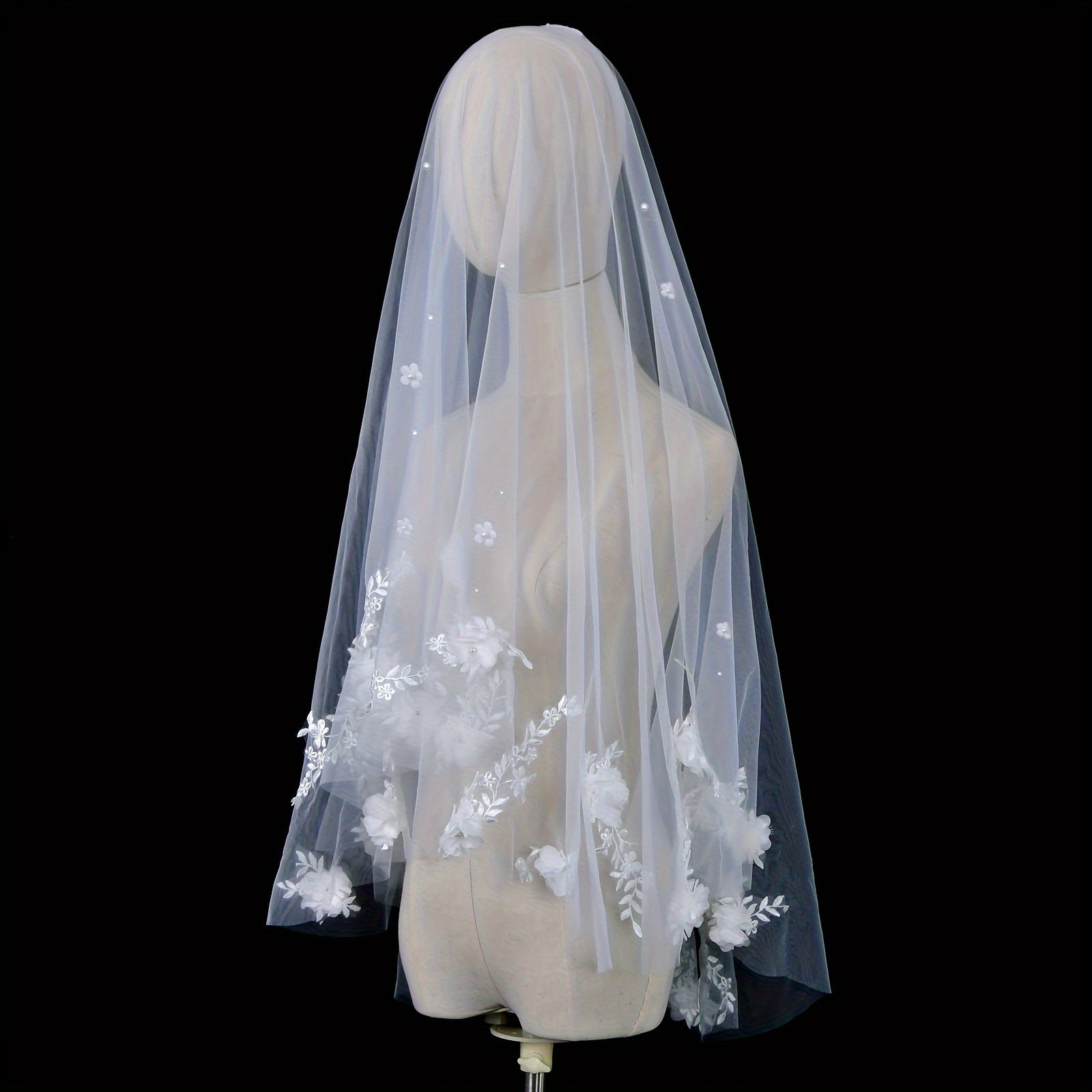 Bridal Veil with Double Layers 3D Floral Faux Pearl Hair Comb for Weddings