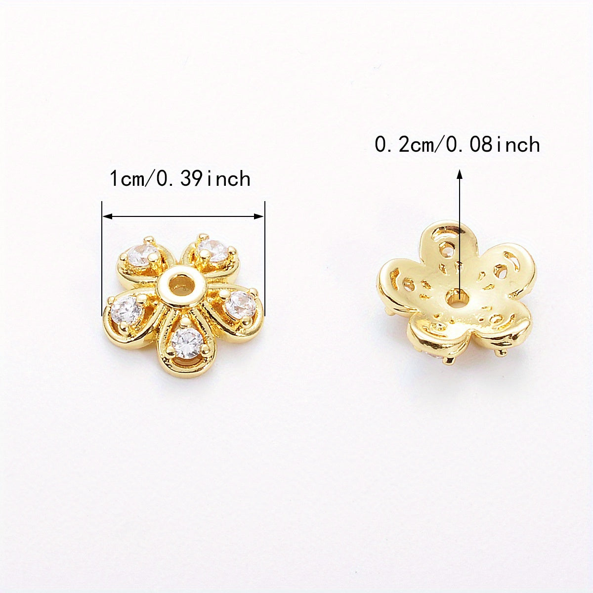 Brass Flower Bead Caps Set of 20 with Synthetic Cubic Zircons 6mm 8mm 10mm