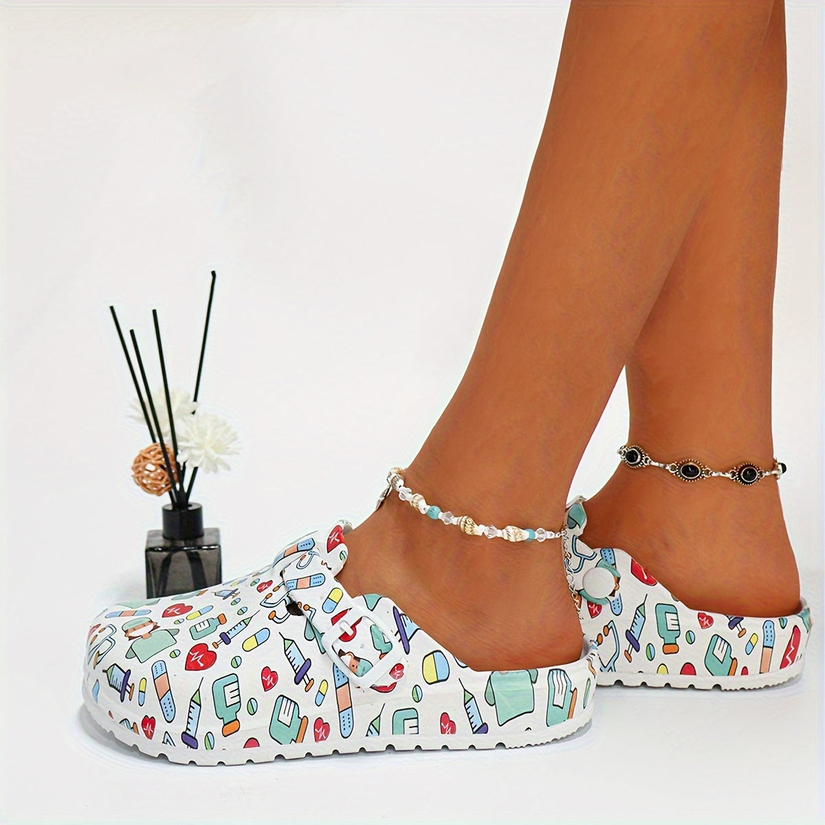 Women's Floral Print Mary Jane Slip-On Nurse Lab Shoes Non-Slip EVA