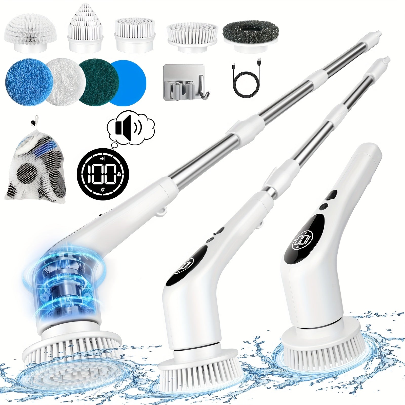 Electric Cleaning Brush with Long Handle 10-in-1 Accessories Adjustable Speed Voice Function