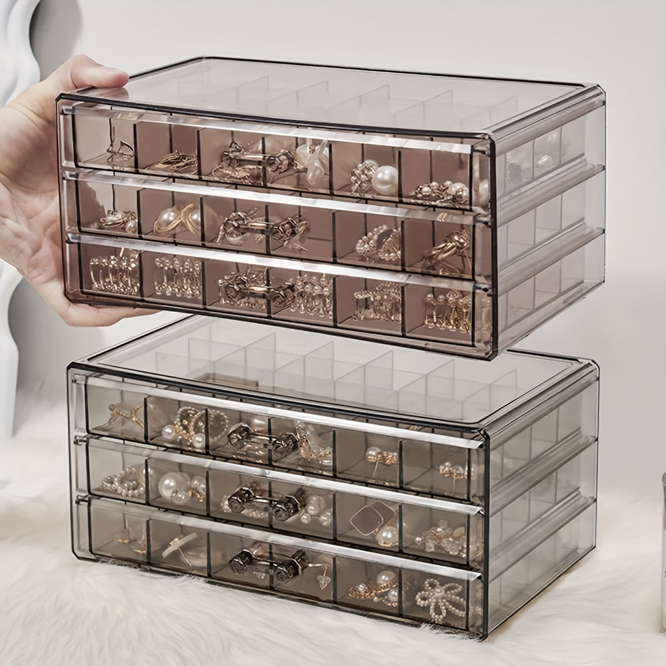 Large Capacity Jewelry Storage Box with 3 Layers and 72 Grids for Earrings and Necklaces