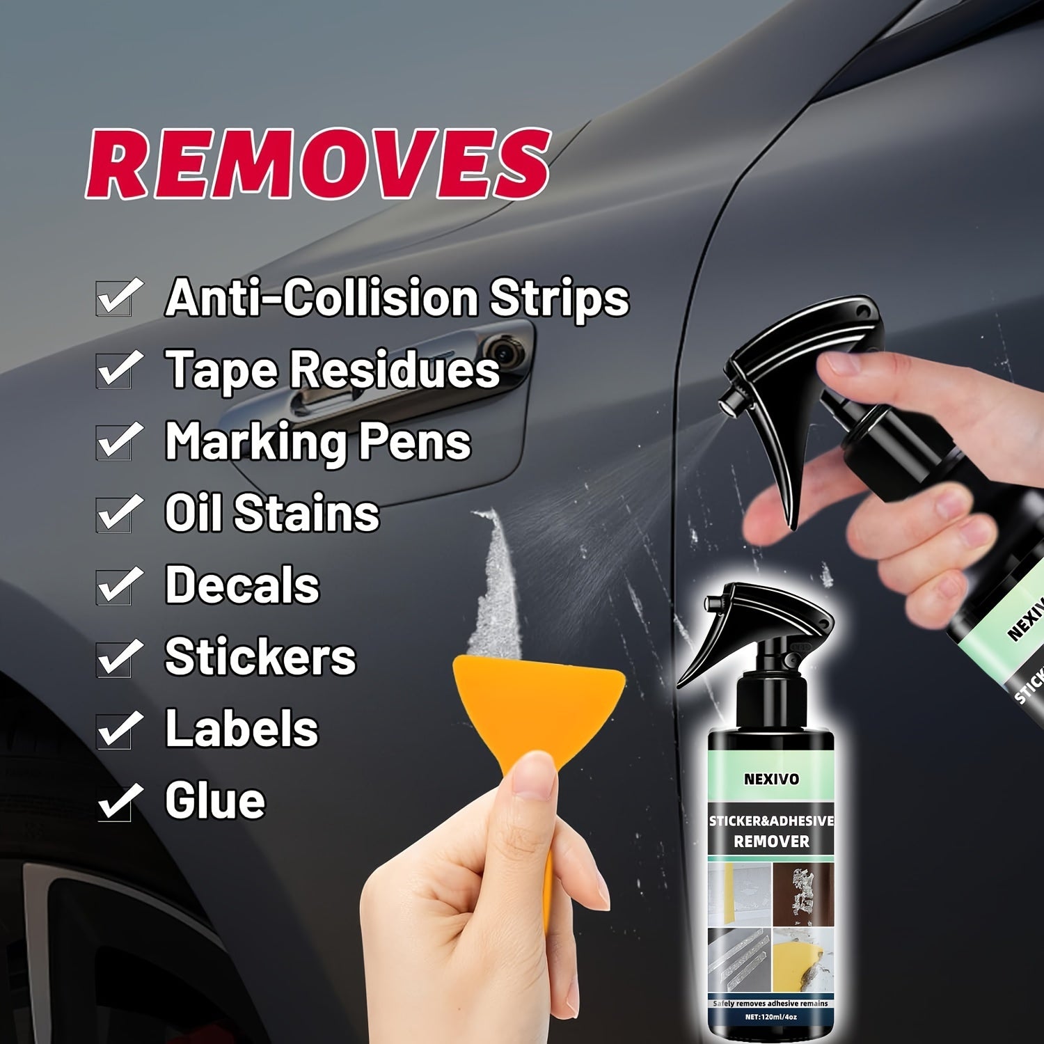 Spray removedor de adhesivos para ventanas y superficies de coche Amarillo 8oz