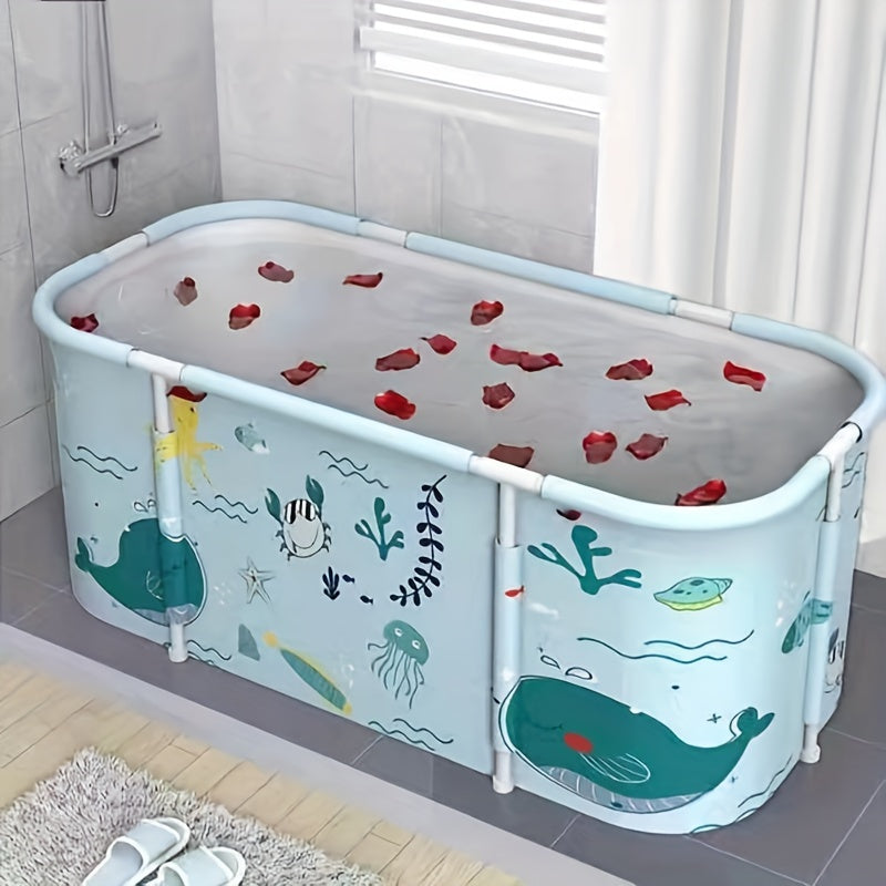 Adults Foldable Freestanding Bathtub PVC Blue White Marble Pattern Dual-Person Easy to Use